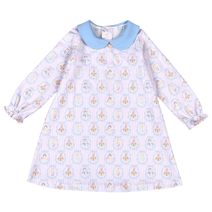 That Store Pima cotton dress featuring a blue scallop collar and a whimsical princess and castle print.