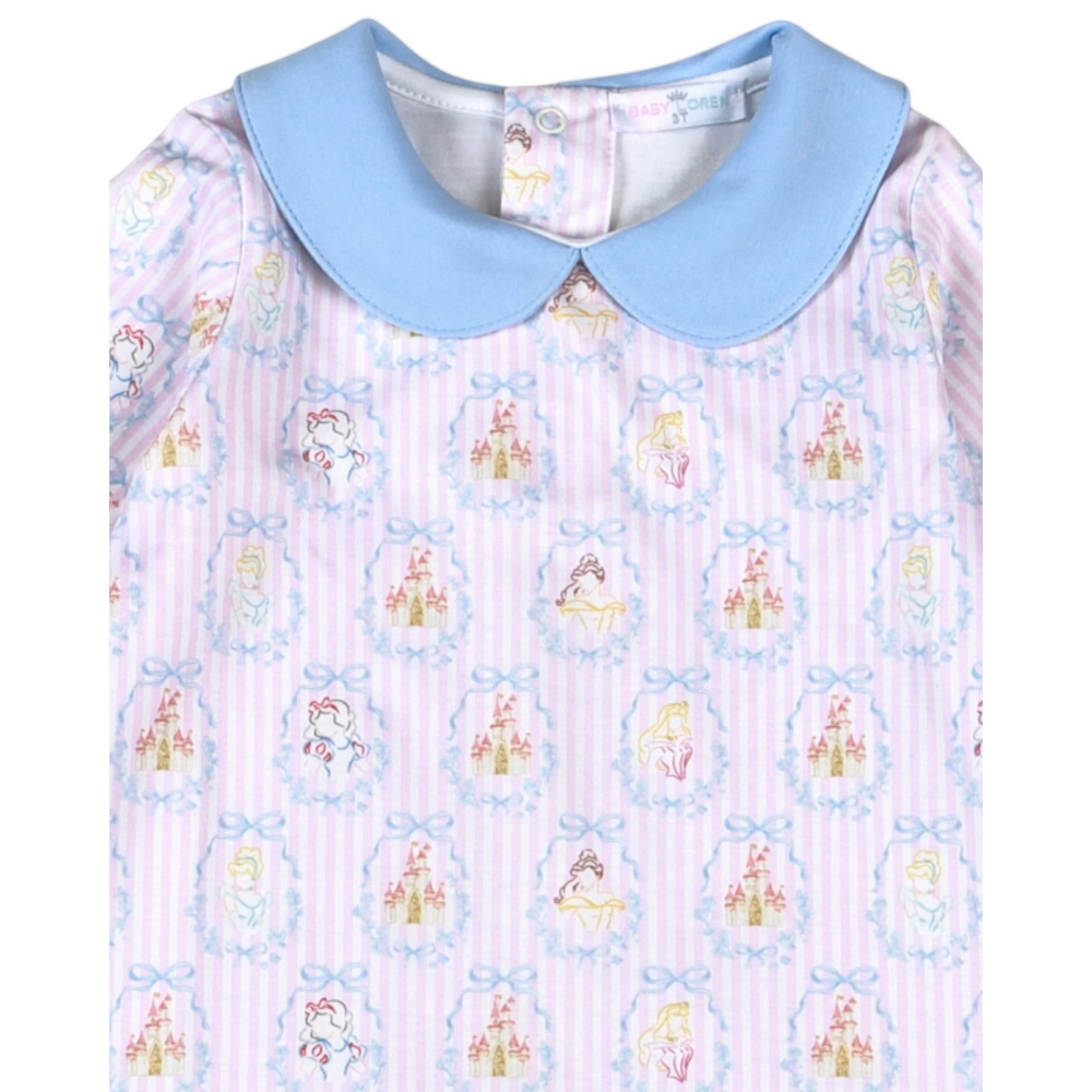 That Store Pima cotton dress featuring a light blue scallop collar and a pink striped print with princess motifs.