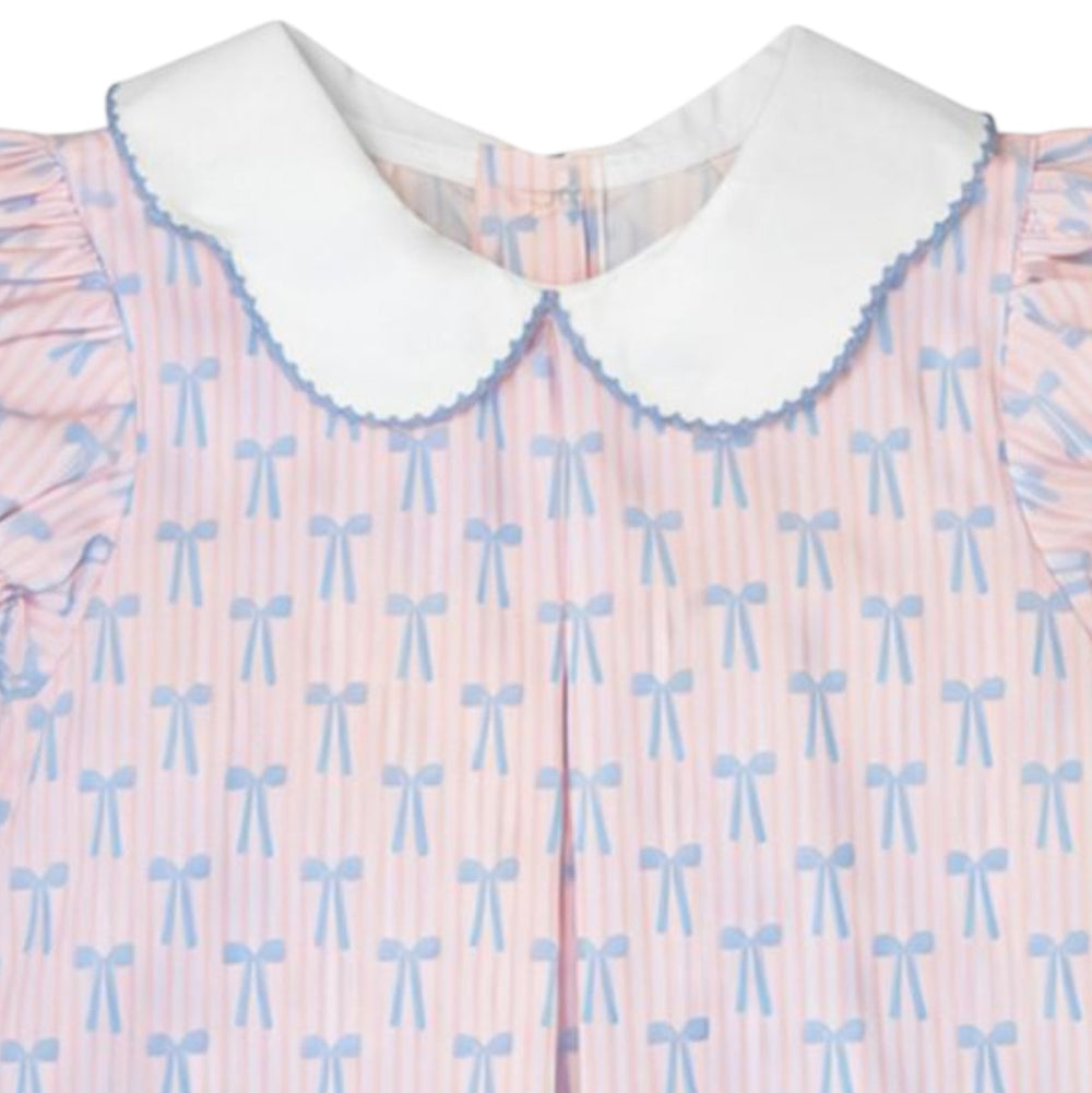 That Store girls pink and blue striped bloomer set featuring a bow pattern and a white peter pan collar