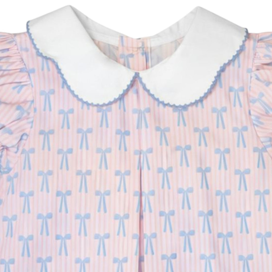 That Store girls pink and blue striped bloomer set featuring a bow pattern and a white peter pan collar