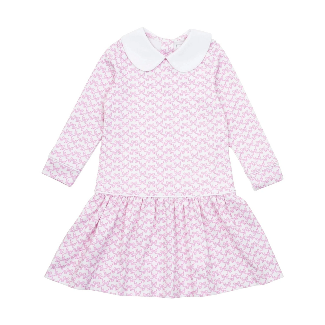That Store Lillian girls' long sleeve pima cotton dress in pink with white bow print, peter pan collar, and ruffles.