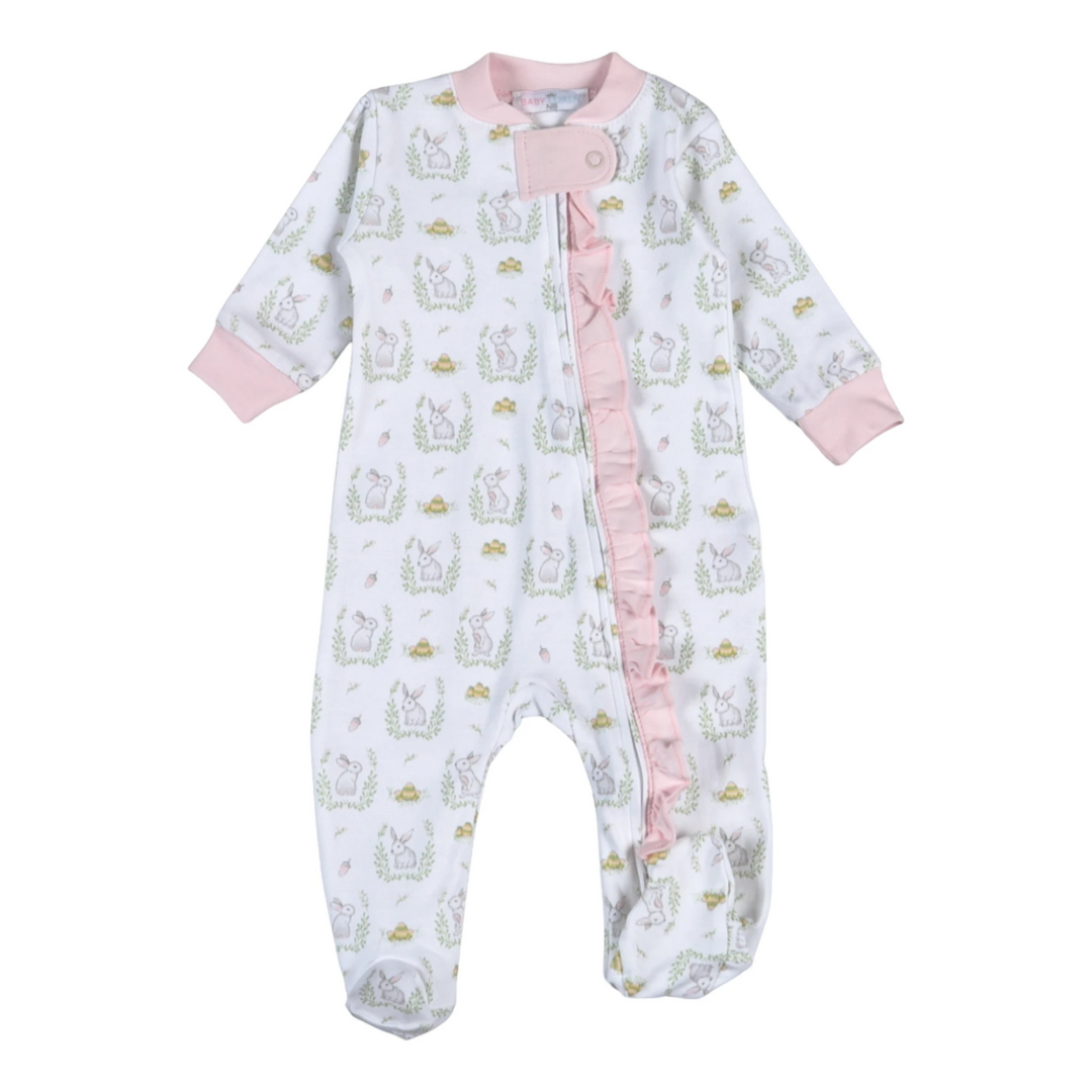 That Store pink and white ruffled footie pajama for girls featuring cute Easter bunny and egg print with front zipper