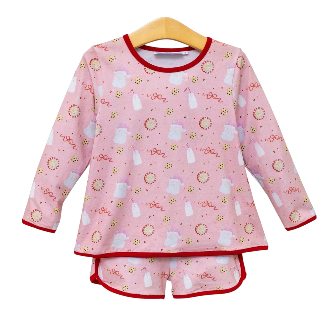 That Store girls pink Christmas lounge set with Santa and cookie print, featuring soft cotton blend long sleeves.