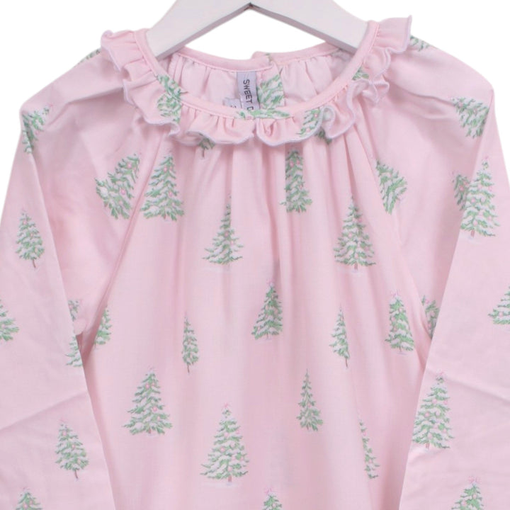 That Store pink long-sleeve nightgown with green Christmas tree print and ruffled neckline detail