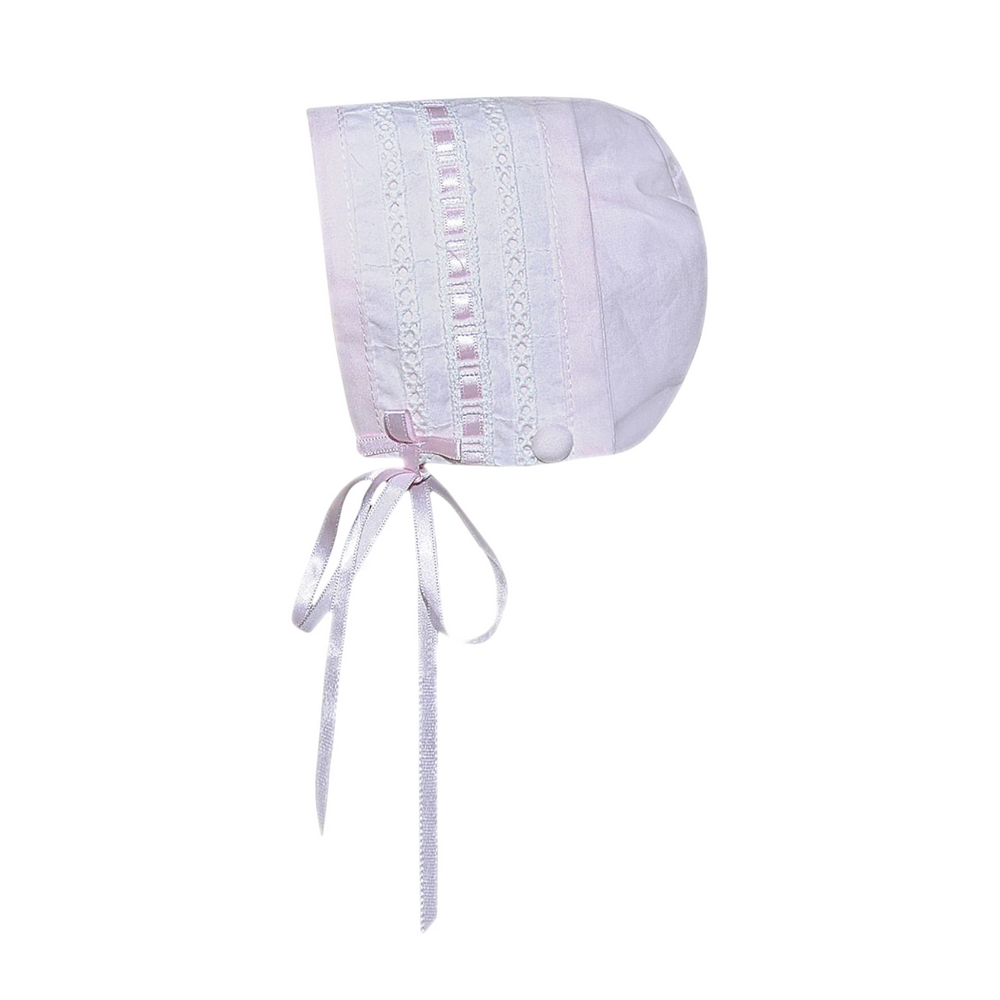 That Store pink cotton baby bonnet with delicate lace trim and ribbon ties for a classic newborn look.