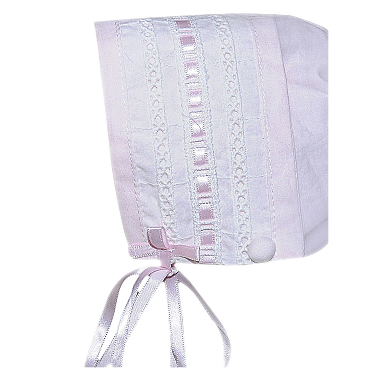 That Store Rory pink cotton baby daygown bonnet with delicate lace trim and satin ribbon ties