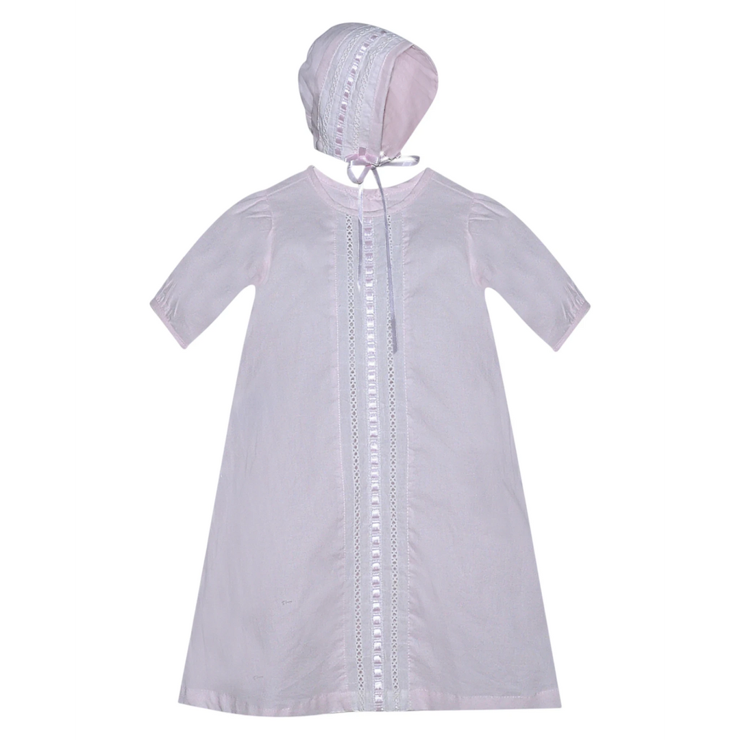 That Store Rory pink cotton baby daygown with matching bonnet featuring delicate lace trim and ribbon detail.