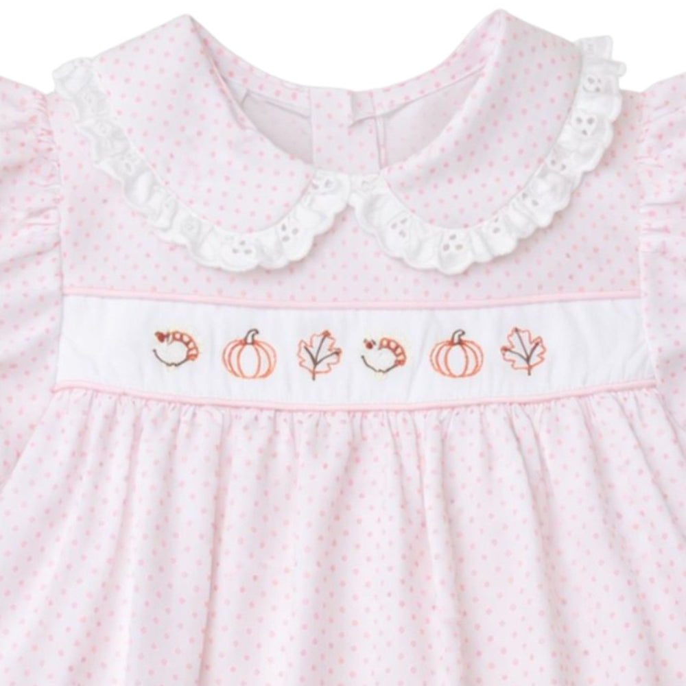 That Store pink dot Alice dress with fall embroidery, white eyelet peter pan collar, and puff sleeves.