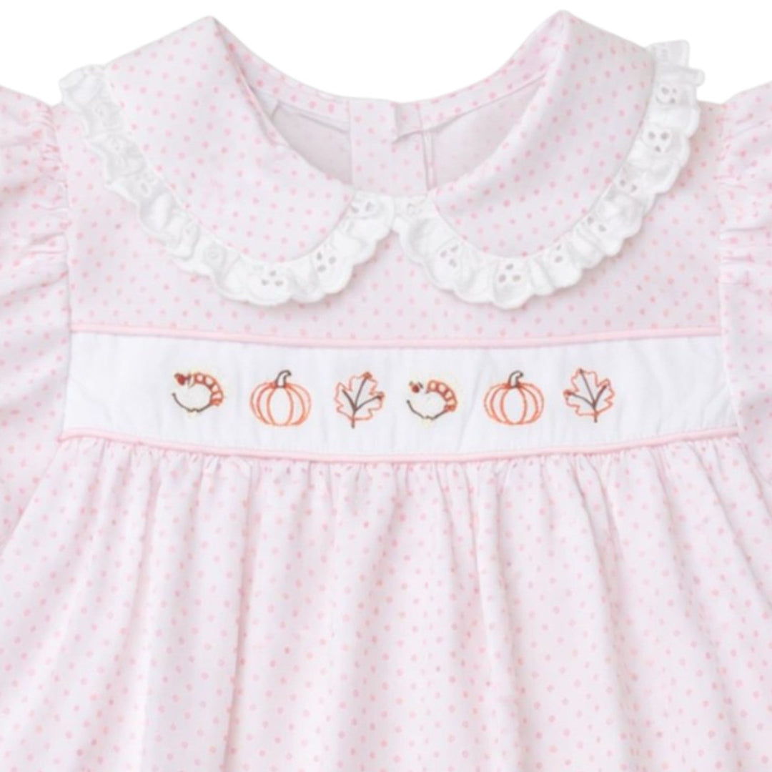 That Store pink dot Alice dress with fall embroidery, white eyelet peter pan collar, and puff sleeves.
