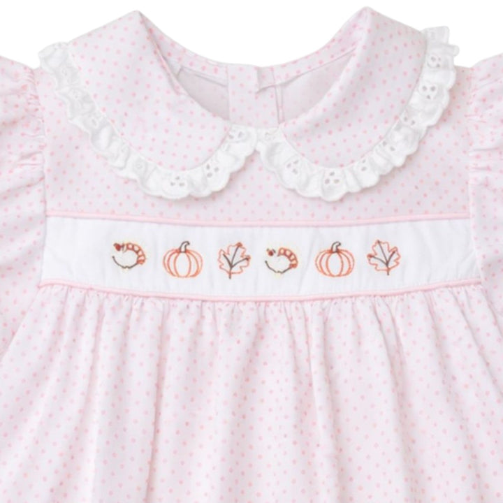 That Store pink dot Alice dress with fall embroidery, white eyelet peter pan collar, and puff sleeves.