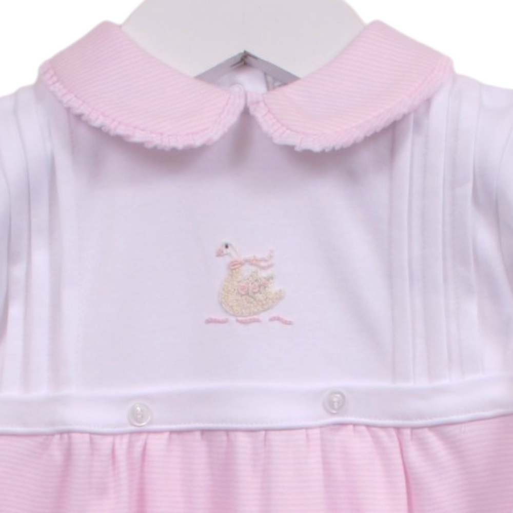 That Store pink cotton girls romper with ruffled peter pan collar and embroidered goose detail