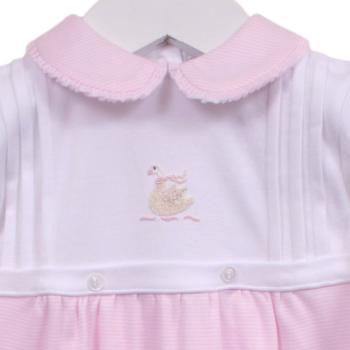 That Store pink cotton girls romper with ruffled peter pan collar and embroidered goose detail