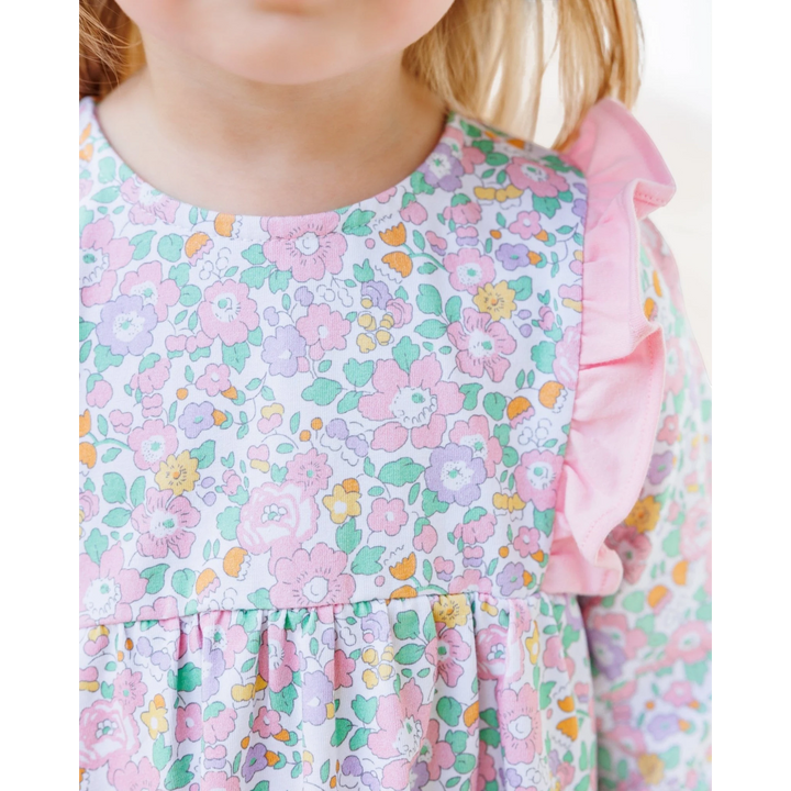 That Store girls bloomer set featuring a pink floral cotton top with ruffled shoulders and a soft round neckline