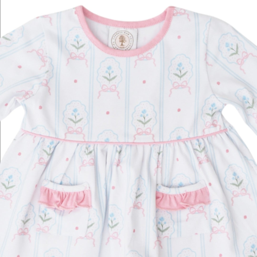 That Store girls pink floral cameo print long sleeve dress with ruffled pockets and soft trim