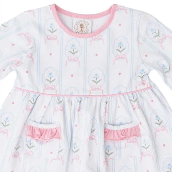 That Store girls pink floral cameo print long sleeve dress with ruffled pockets and soft trim