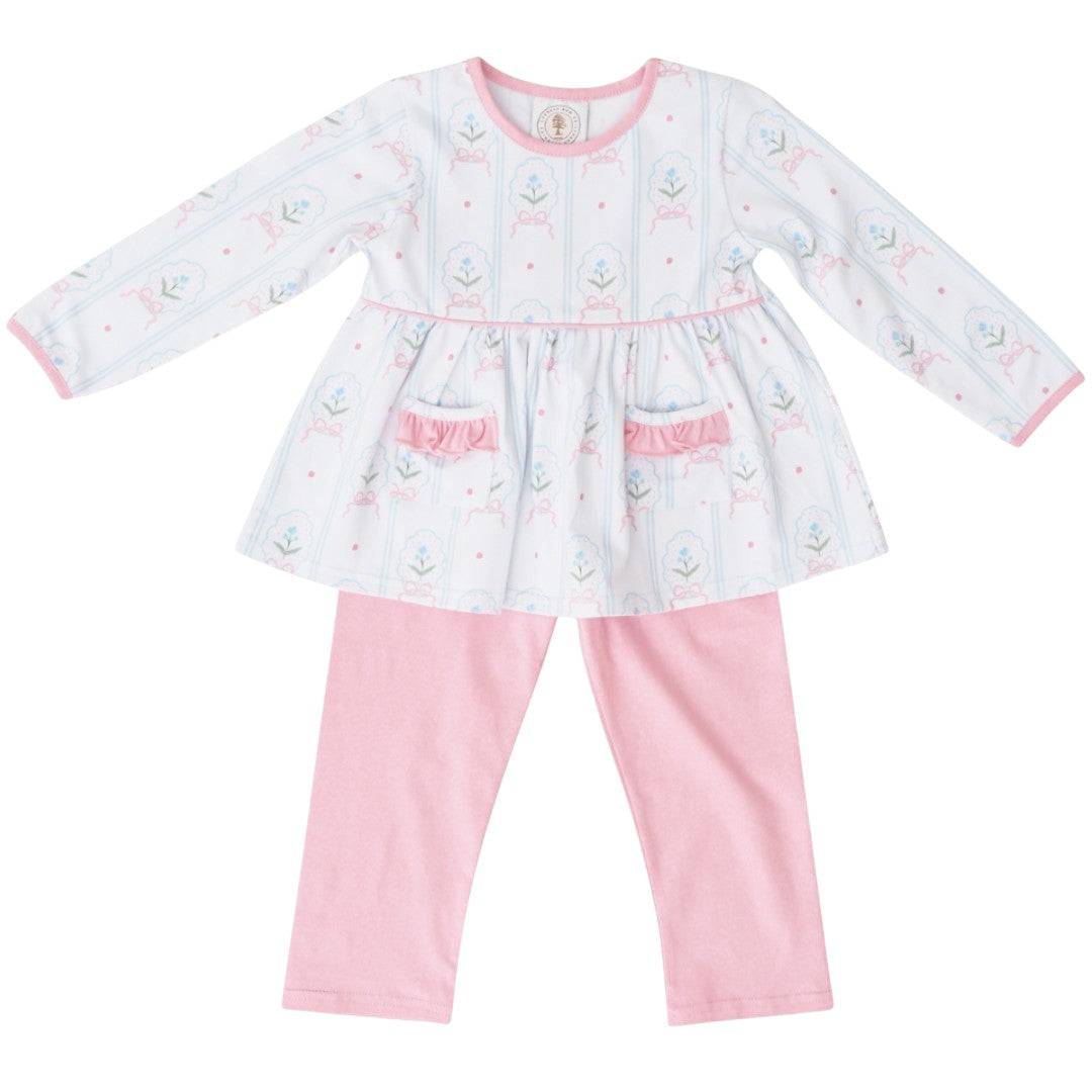 That Store girls pink floral rose cameo print long sleeve tunic and matching leggings set with ruffle pockets.