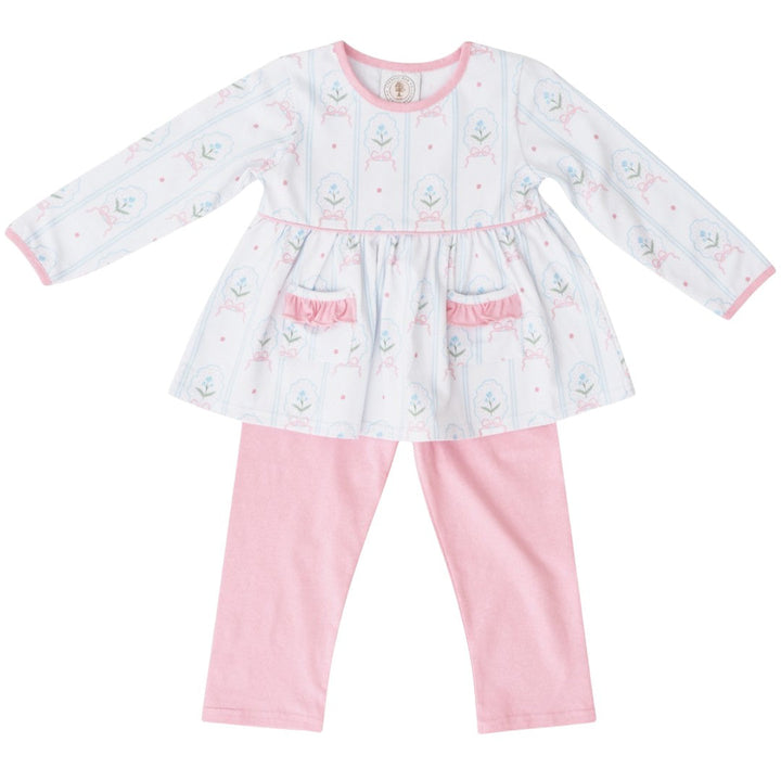 That Store girls pink floral rose cameo print long sleeve tunic and matching leggings set with ruffle pockets.