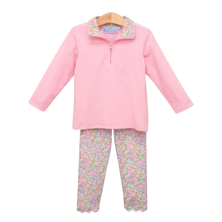 That Store girls pink 1/4 zip pullover and floral print leggings set made from soft cotton blend fabric.