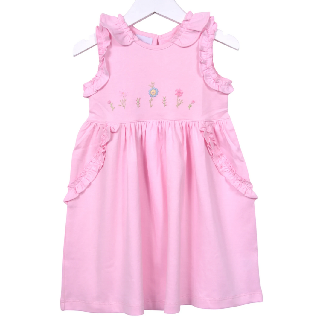 That Store pink Pima cotton sleeveless dress with ruffle details and delicate embroidered flowers for girls.