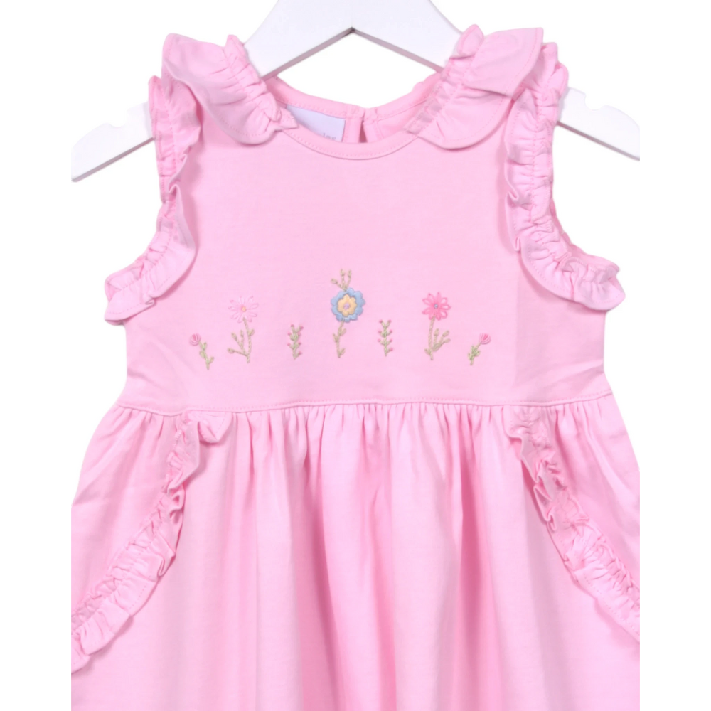 That Store pink sleeveless Pima cotton dress with embroidered flowers and ruffle details for girls