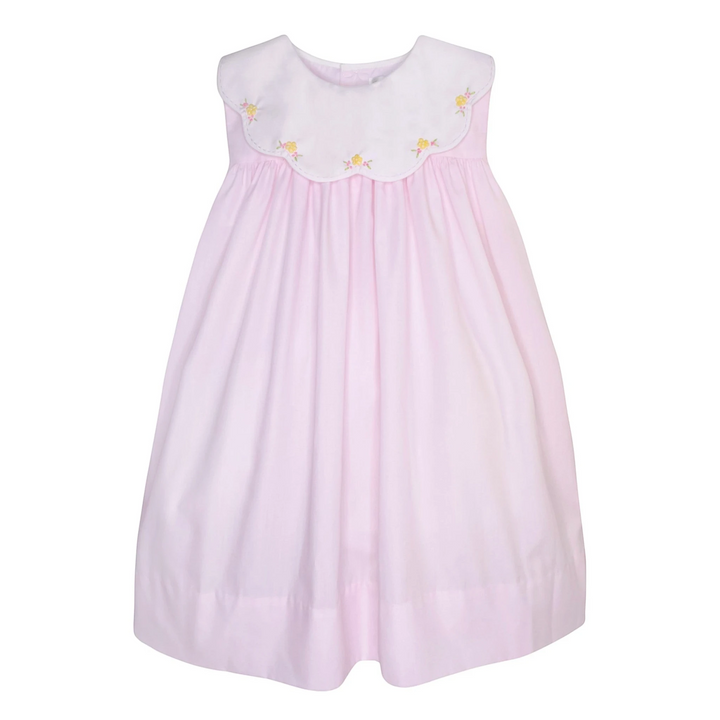 That Store pink cotton-blend dress with a white scalloped collar featuring delicate floral embroidery.