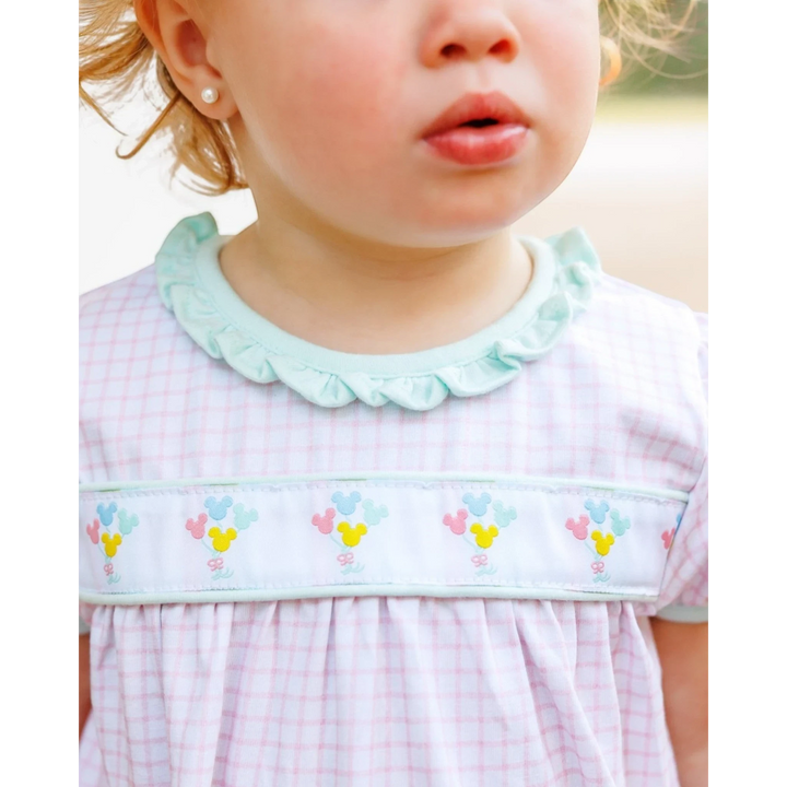 That Store pink gingham bloomer set with ruffled mint collar and embroidered Mickey balloon detail on toddler girl