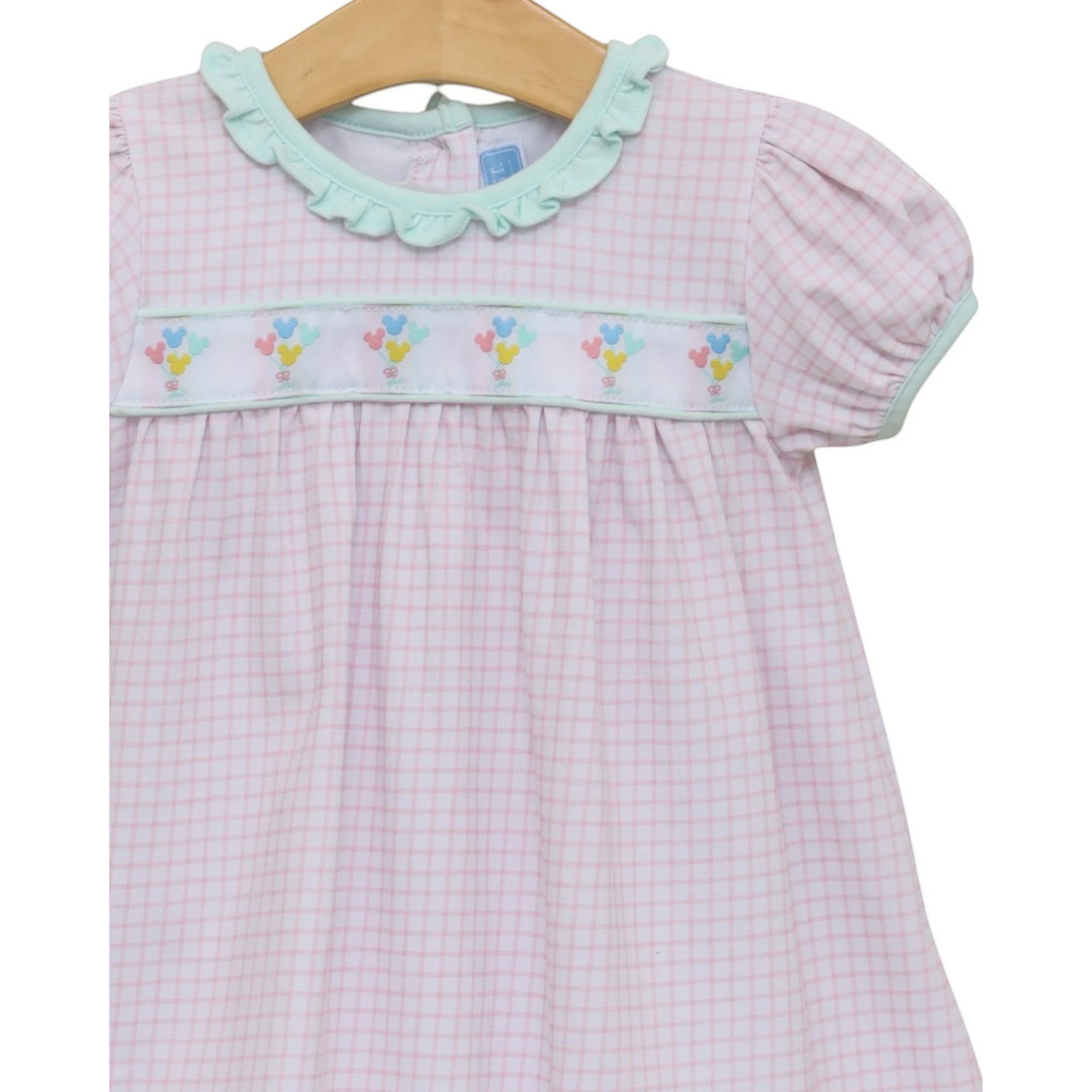 That Store pink gingham bloomer set with ruffled mint collar and Mickey balloon embroidery on cotton fabric