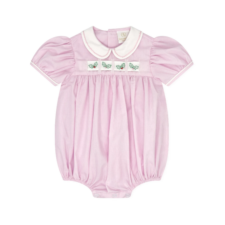 That Store pink mini gingham bubble romper with a white peter pan collar and interchangeable holiday ribbon detail