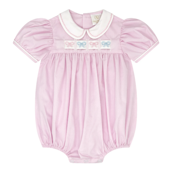That Store pink mini gingham bubble romper with white Peter Pan collar and interchangeable ribbon bow embroidery