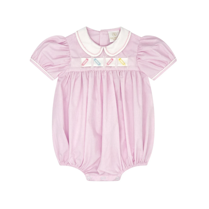 That Store pink mini gingham bubble romper with a white Peter Pan collar and interchangeable ribbon design
