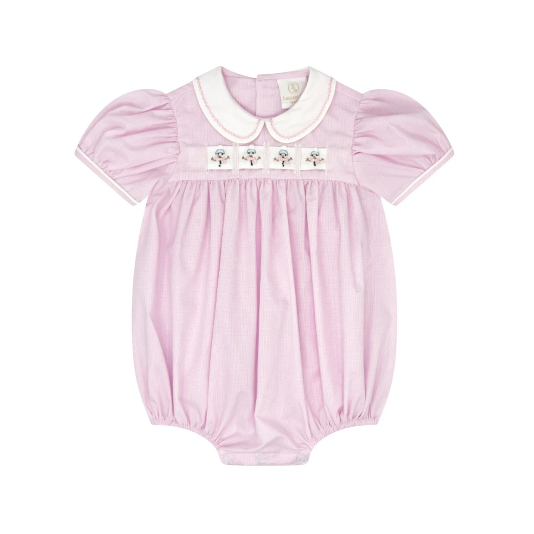 That Store pink mini gingham bubble romper with interchangeable ribbon detail and white Peter Pan collar