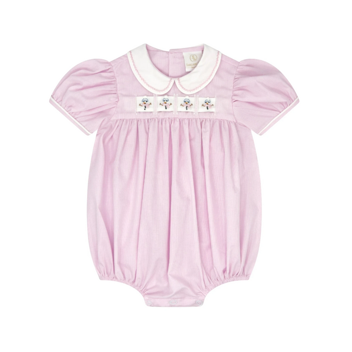 That Store pink mini gingham bubble romper with interchangeable ribbon detail and white Peter Pan collar
