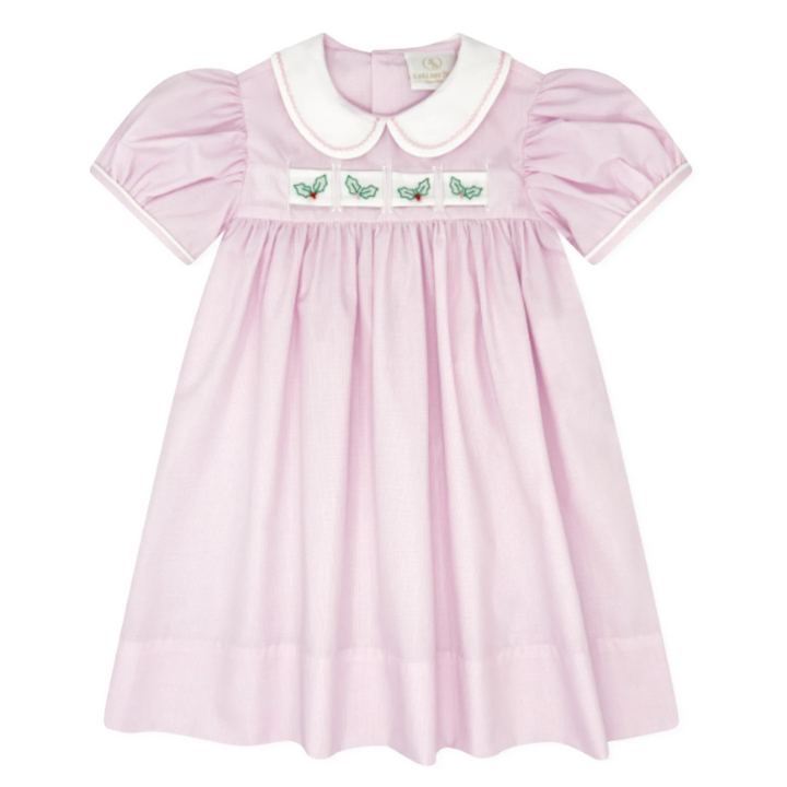 That Store pink mini gingham dress with a white Peter Pan collar and interchangeable holly ribbon detail