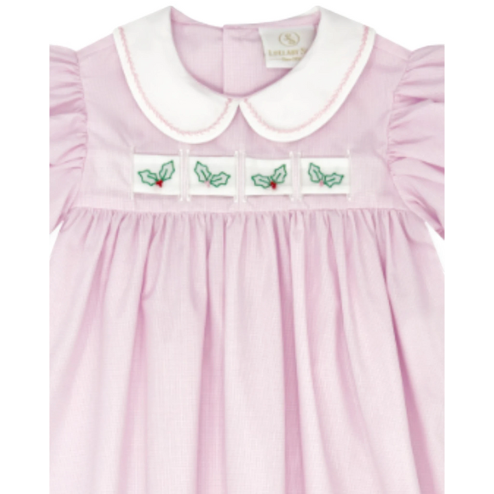 That Store pink mini gingham dress with a white Peter Pan collar and interchangeable holly ribbon detail