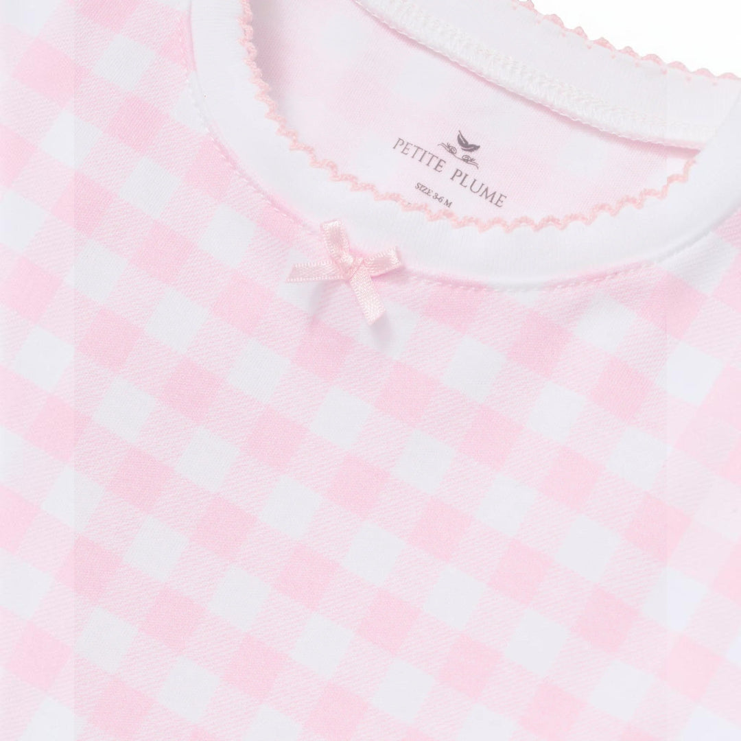 That Store pink and white gingham Pima cotton pajama top with delicate scalloped trim and a small center bow