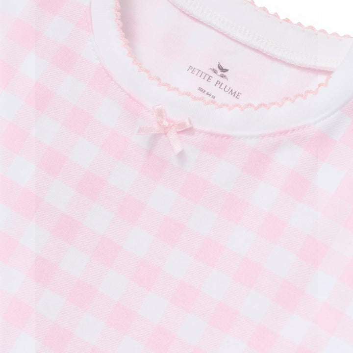 That Store pink and white gingham Pima cotton pajama top with delicate scalloped trim and a small center bow