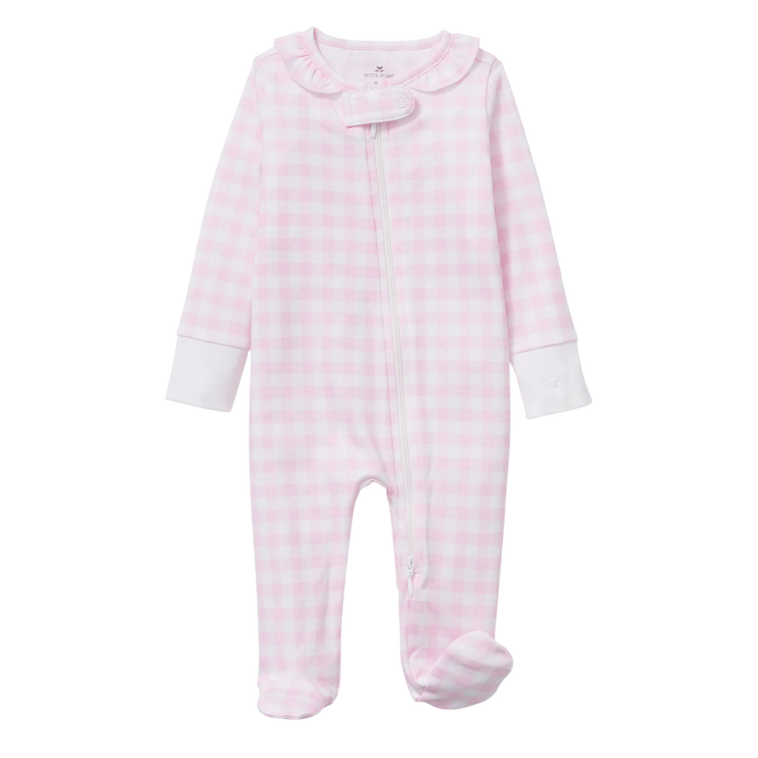 That Store baby romper in pink gingham print made from soft Peruvian Pima cotton with a delicate ruffle collar