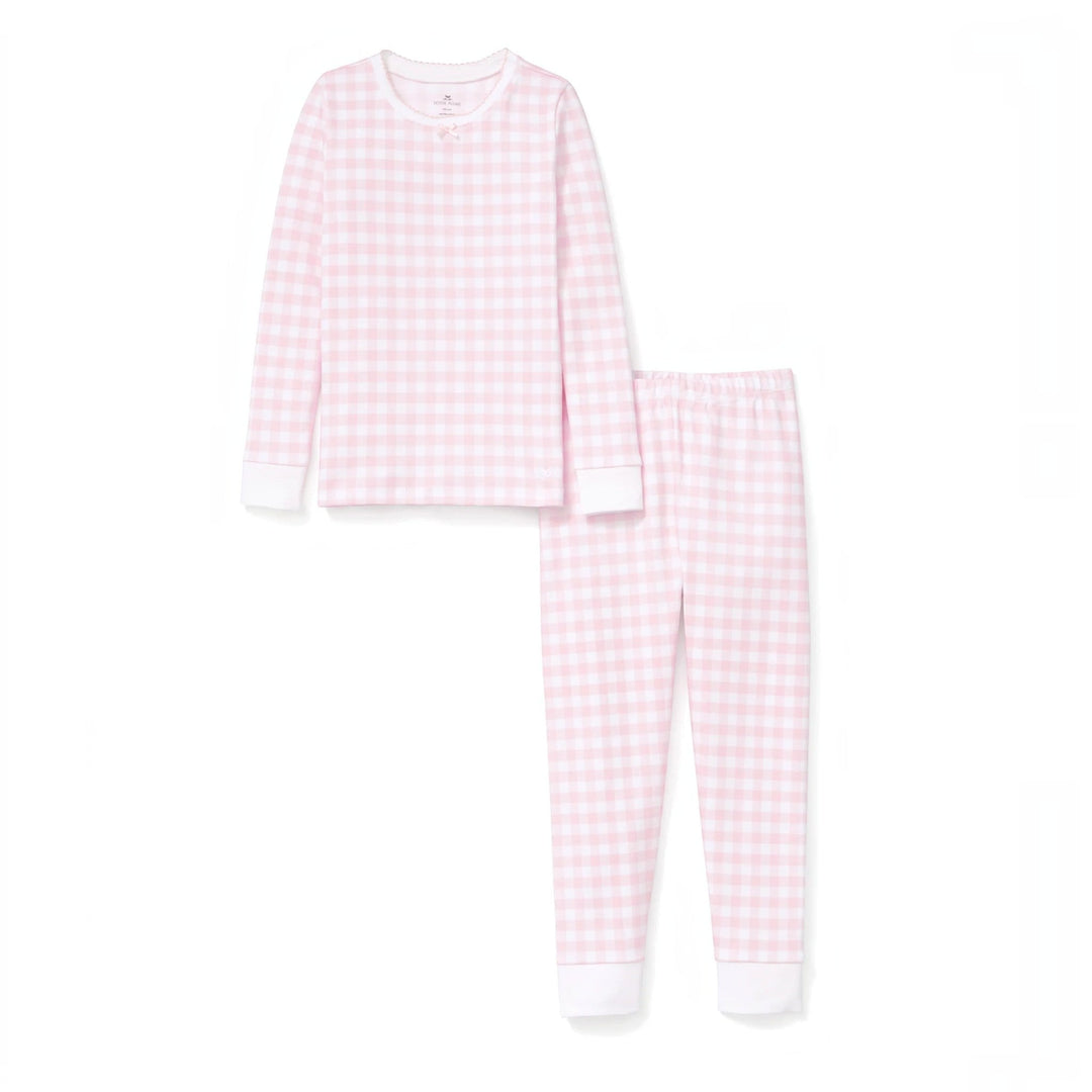 That Store pink gingham girls pajama set in soft Pima cotton with long sleeves and a snug fit design.