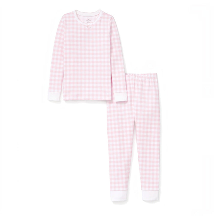 That Store pink gingham girls pajama set in soft Pima cotton with long sleeves and a snug fit design.
