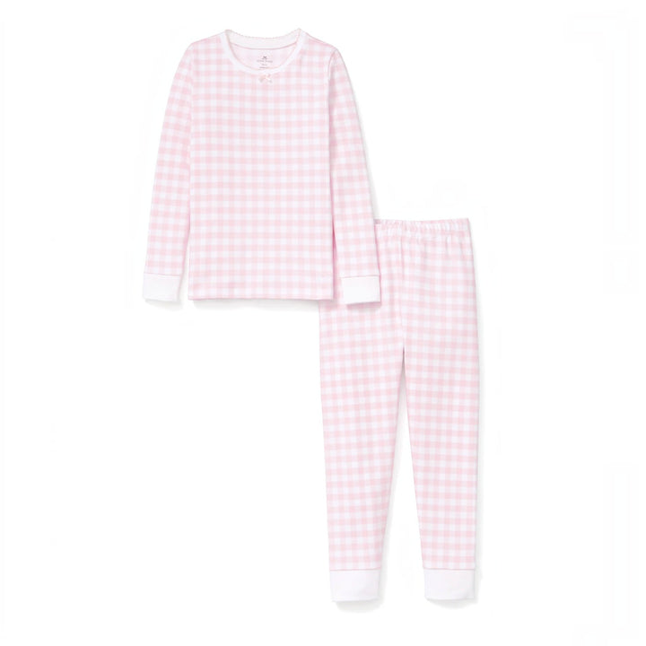 That Store pink gingham Pima cotton long sleeve pajama set for girls with a snug fit and delicate bow detail.