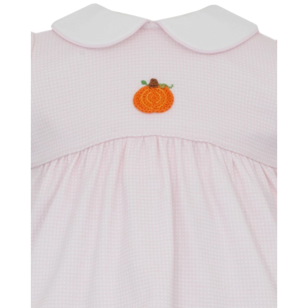 That Store pink gingham girls bloomer set with a delicate crocheted pumpkin applique and white peter pan collar