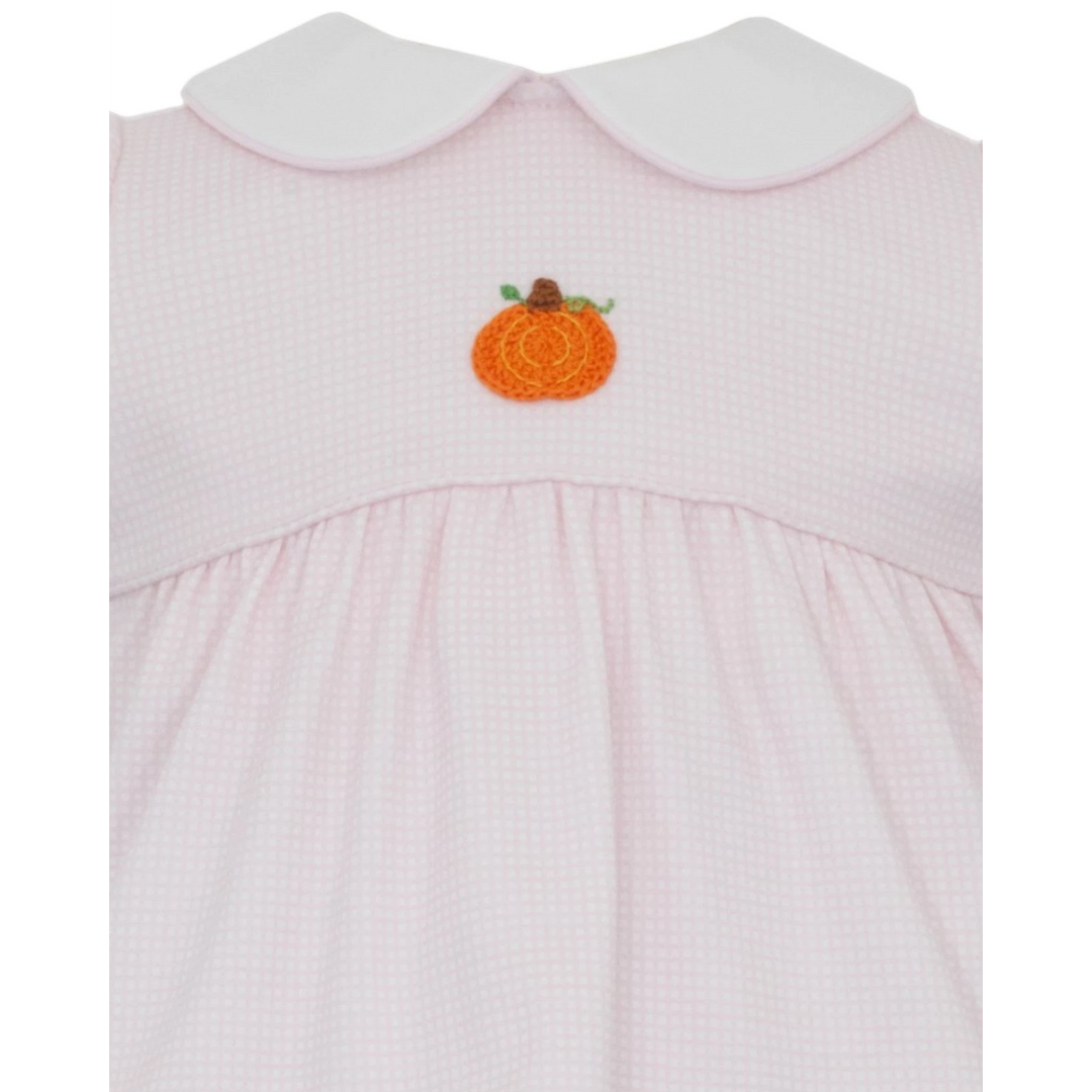 That Store pink gingham girls bloomer set with a delicate crocheted pumpkin applique and white peter pan collar