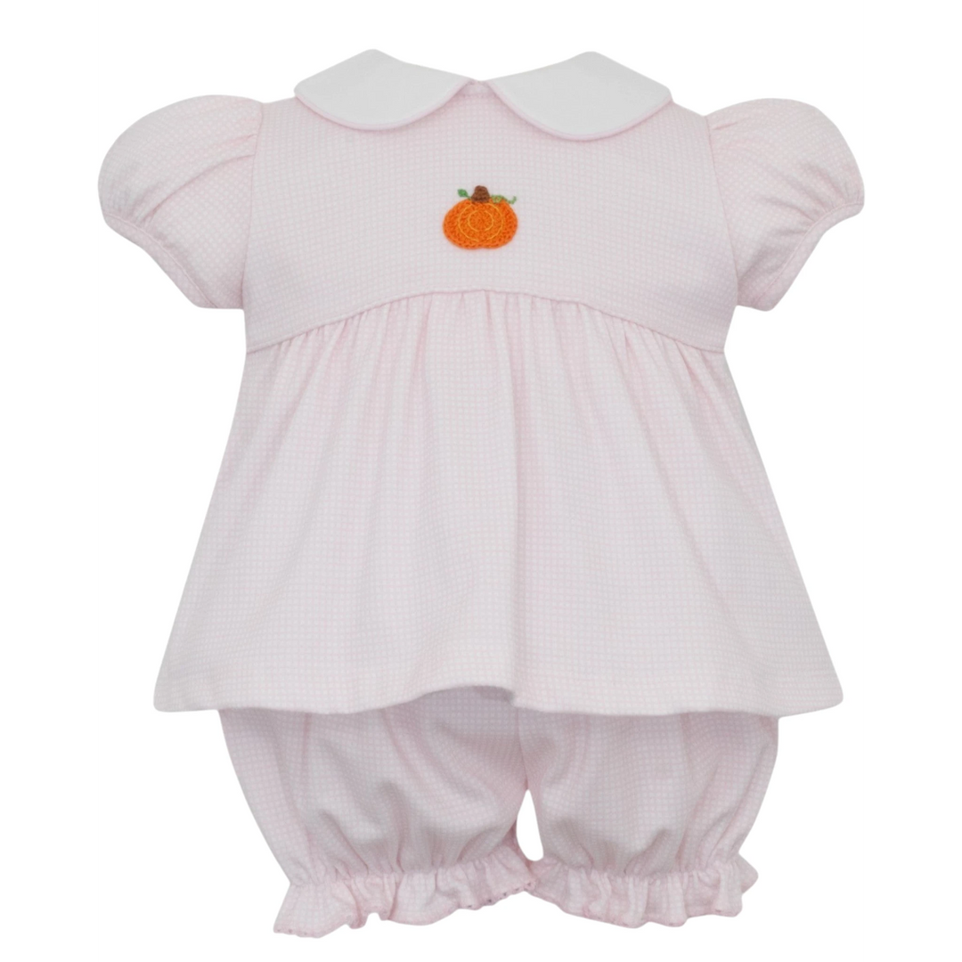 That Store pink gingham girls bloomer set with a white collar and a small crocheted pumpkin detail on the bodice.