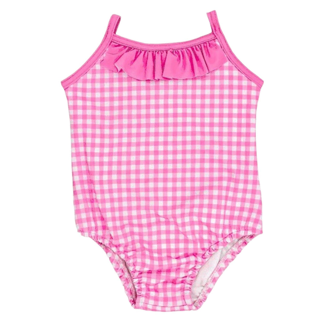 That Store Bailey Boys pink gingham one-piece swimsuit with ruffle detail and straight-back straps in stretchy fabric