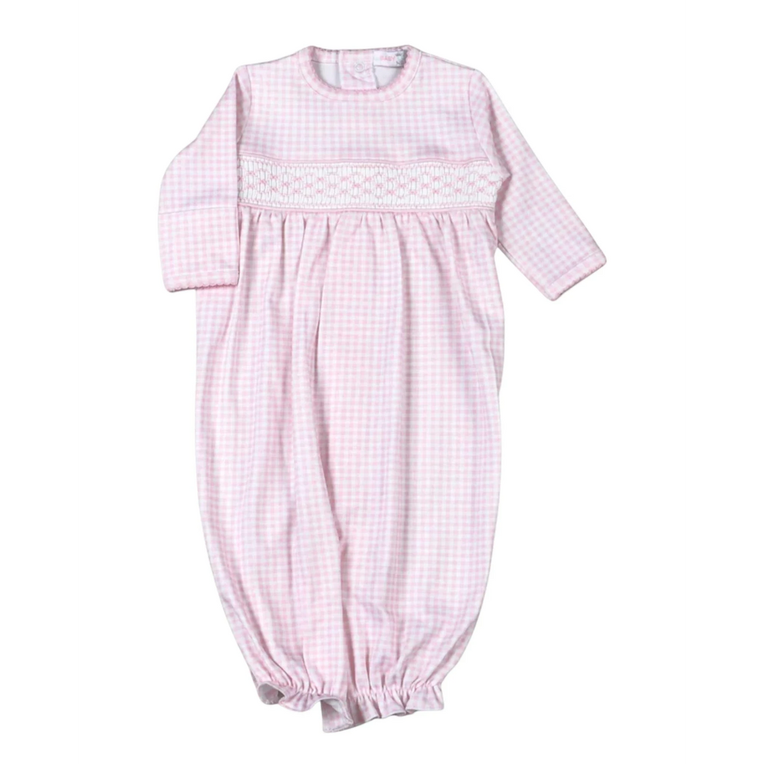 That Store pink gingham Pima cotton baby converter gown with delicate hand-smocked detailing and long sleeves.