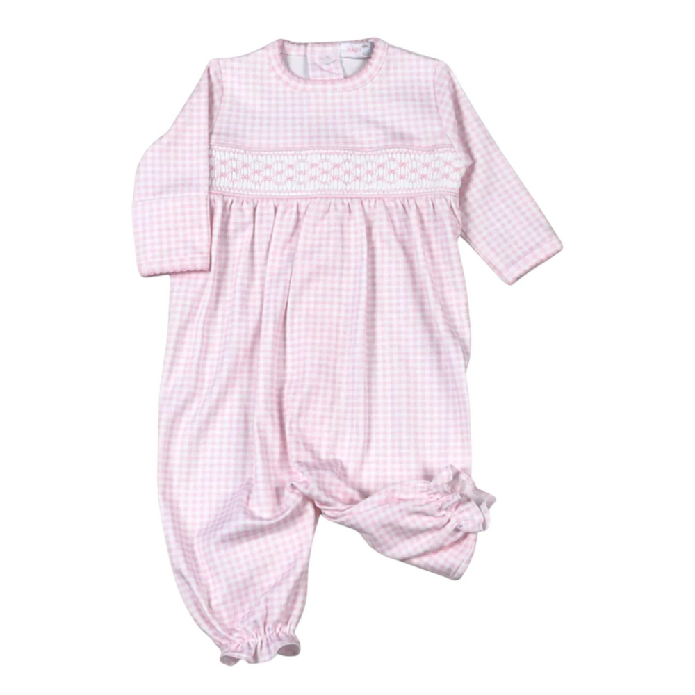 That Store pink gingham Pima cotton converter gown with delicate hand-smocked chest detailing for baby girls.