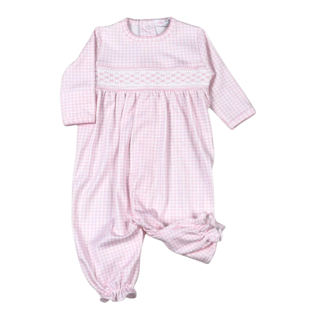 That Store pink gingham Pima cotton converter gown with delicate hand-smocked chest detailing for baby girls.