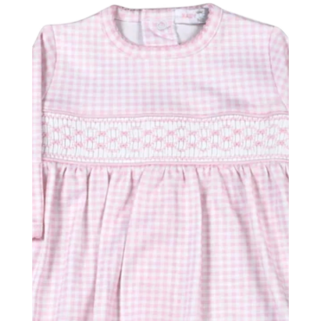 That Store pink gingham Pima cotton baby converter gown with delicate hand-smocked chest detailing