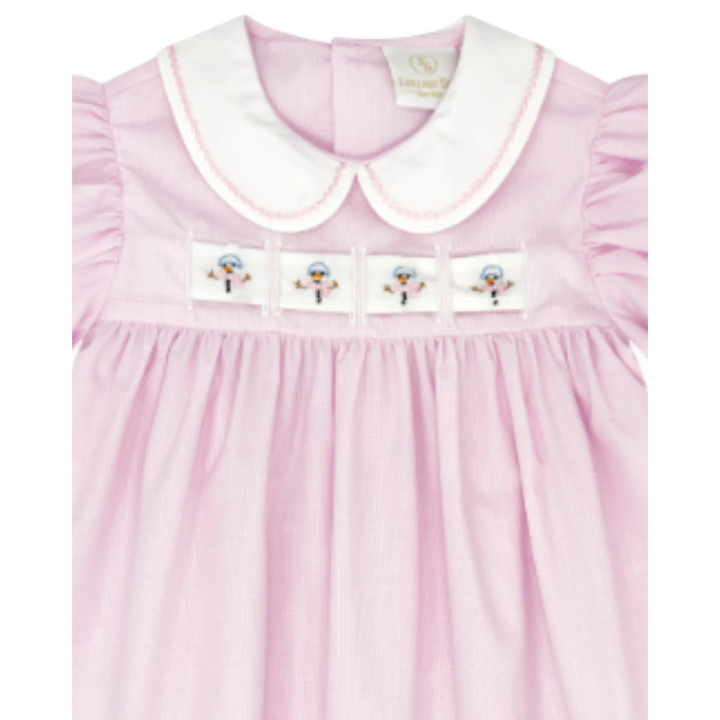 That Store Ruth Ribbon Dress in pink mini gingham with a white Peter Pan collar and interchangeable snowman ribbons