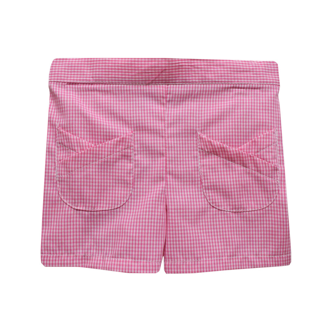 That Store candy pink gingham girls shorts featuring unique front tulip pockets and a comfortable elastic waistband.